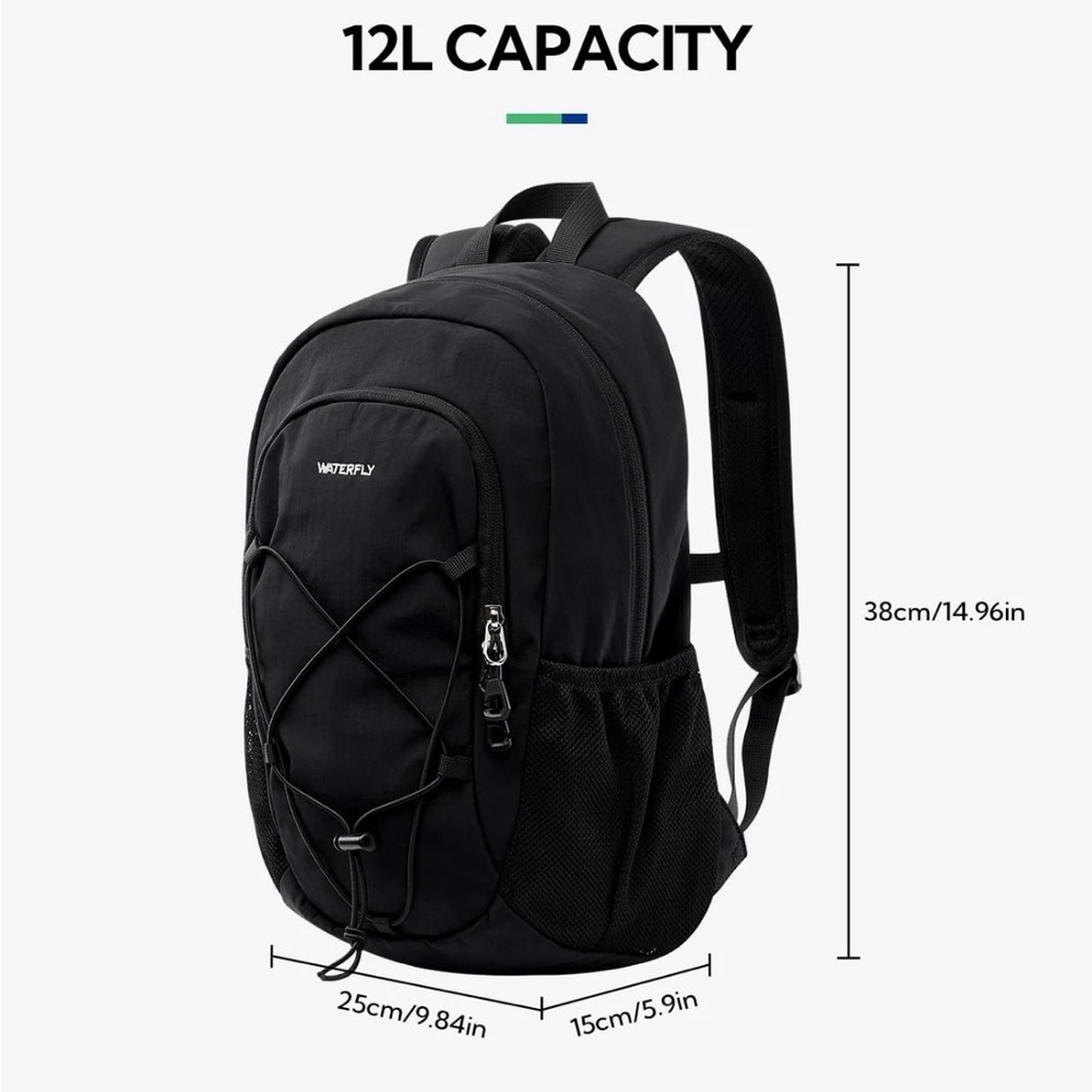 Waterfly 12L Lightweight Hiking Backpack Daypack Travel School Bag Black - Picture 2 of 14